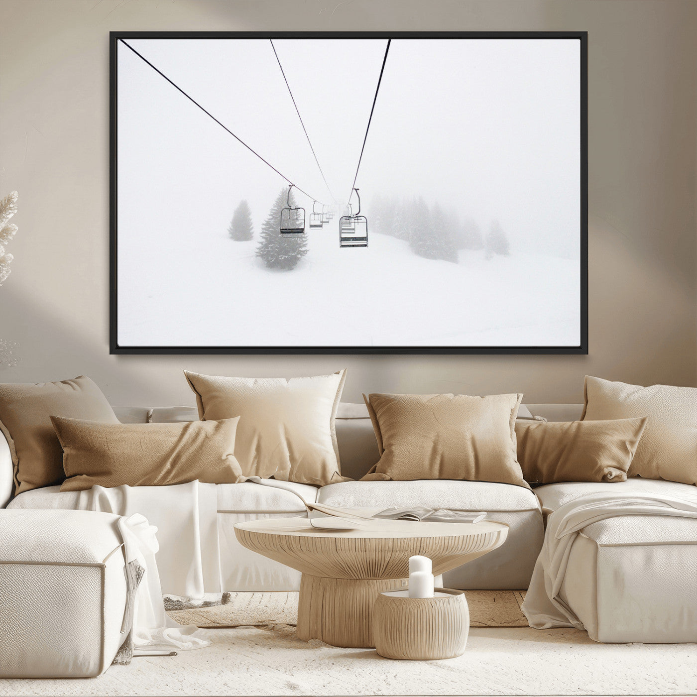 20216390-MGV-FC-36X24_Black-Ski Lift Wall Art Canvas Print, Framed Snowy Landscape Art Picture Print, Alpine Adventure Perfect Nordic Minimalist Decor Artwork