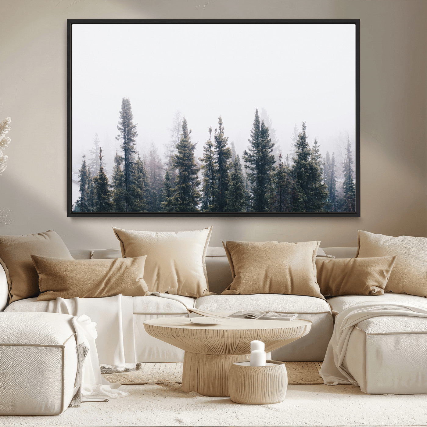 42364796-MGV-CV-36X24-Foggy Forest Wall Art Canvas Print, Framed Misty Pines Art Picture Print, Moody Woodland Perfect Scandinavian Minimalist Decor