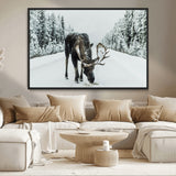 13316292-MGV-CV-36X24-Moose in Snow Wall Art Canvas Print, Framed Winter Wildlife Art Picture Print, Snowy Forest Scene Perfect Rustic Lodge Decor
