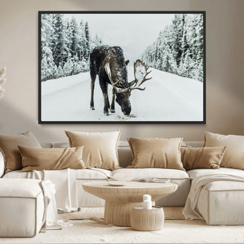 13316292-MGV-CV-36X24-Moose in Snow Wall Art Canvas Print, Framed Winter Wildlife Art Picture Print, Snowy Forest Scene Perfect Rustic Lodge Decor