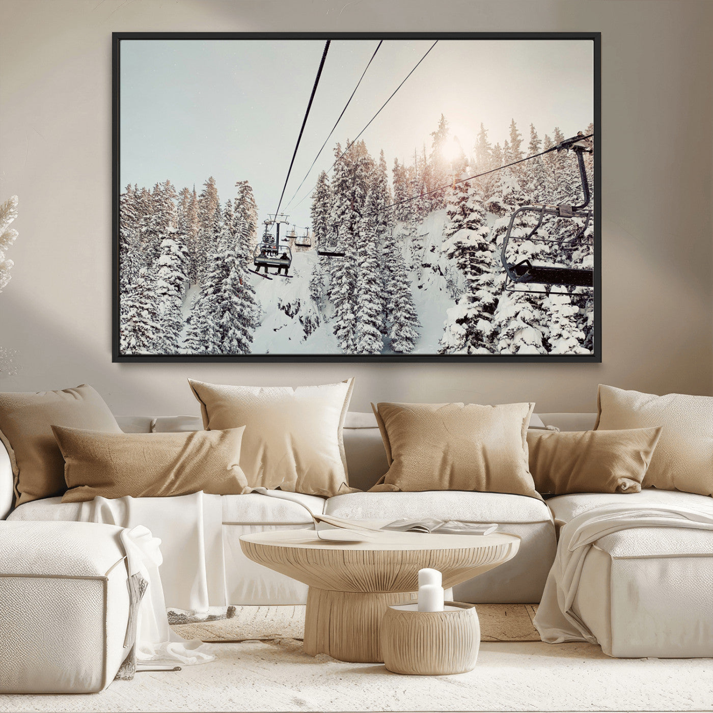 91534512-MGV-CV-36X24-Frosty Pines Wall Art Canvas Print, Framed Cozy Cabin View Art Picture Print, Ski Lift Ride Perfect Rustic Lodge Decor Artwork