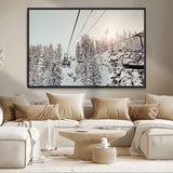 91534512-MGV-CV-36X24-Frosty Pines Wall Art Canvas Print, Framed Cozy Cabin View Art Picture Print, Ski Lift Ride Perfect Rustic Lodge Decor Artwork