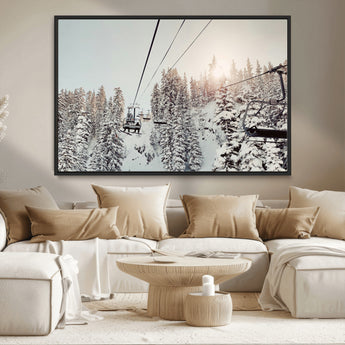 91534512-MGV-CV-36X24-Frosty Pines Wall Art Canvas Print, Framed Cozy Cabin View Art Picture Print, Ski Lift Ride Perfect Rustic Lodge Decor Artwork