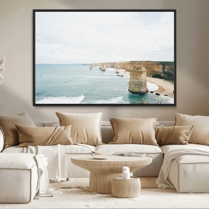 70095633-MGV-CV-36X24-Twelve Apostles Wall Art Canvas Print, Framed Coastal Cliffs Art Picture Print, Rugged Rock Formations Perfect Minimalist Coastal