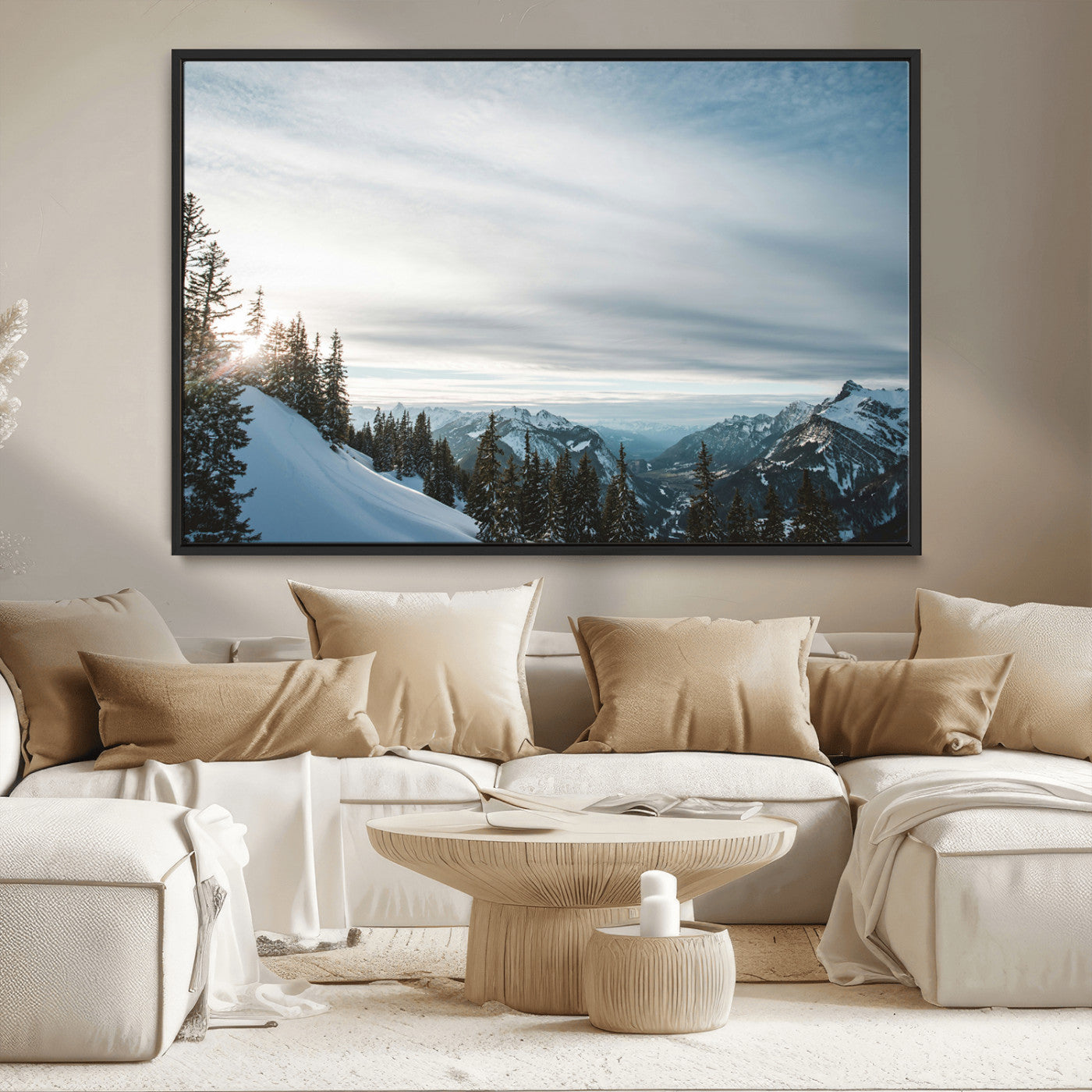 55564749-MGV-CV-36X24-Snowy Mountains Wall Art Canvas Print, Framed Alpine Landscape Art Picture Print, Frosty Peaks Perfect Nordic Minimalist Decor