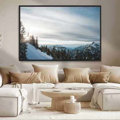 55564749-MGV-CV-36X24-Snowy Mountains Wall Art Canvas Print, Framed Alpine Landscape Art Picture Print, Frosty Peaks Perfect Nordic Minimalist Decor