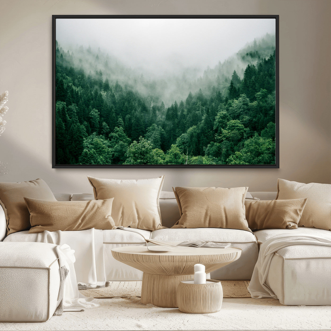 45265379-MGV-CV-36X24-Misty Forest Wall Art – Green Mountain Pine Tree Landscape Canvas Print, Nature Photography Artwork Home Decor for Bedroom, Living