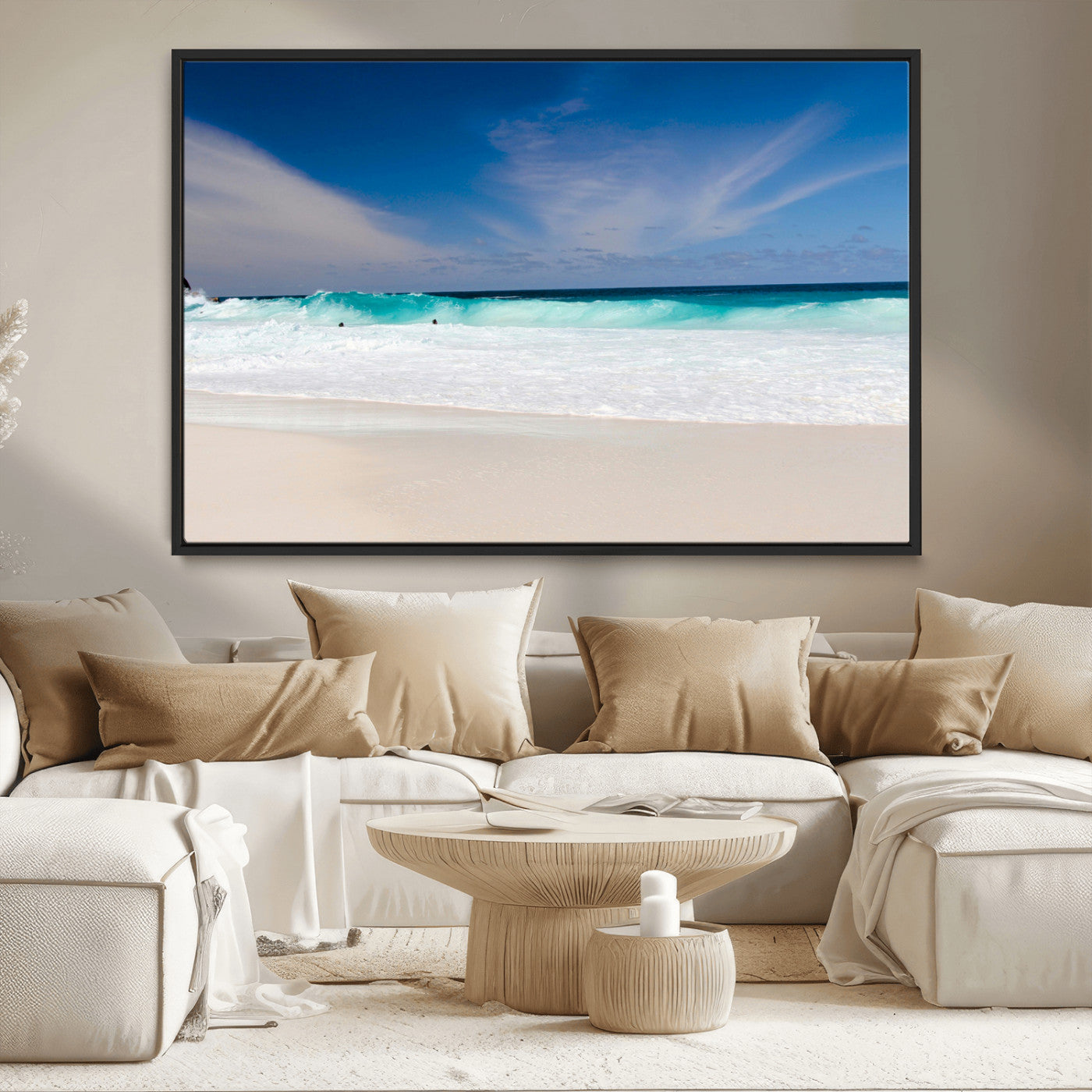 55017356-MGV-CV-36X24-Ocean Beach Wall Art – Turquoise Wave and White Sand Shoreline Canvas Print, Coastal Seascape Photography Decor for Living Room,