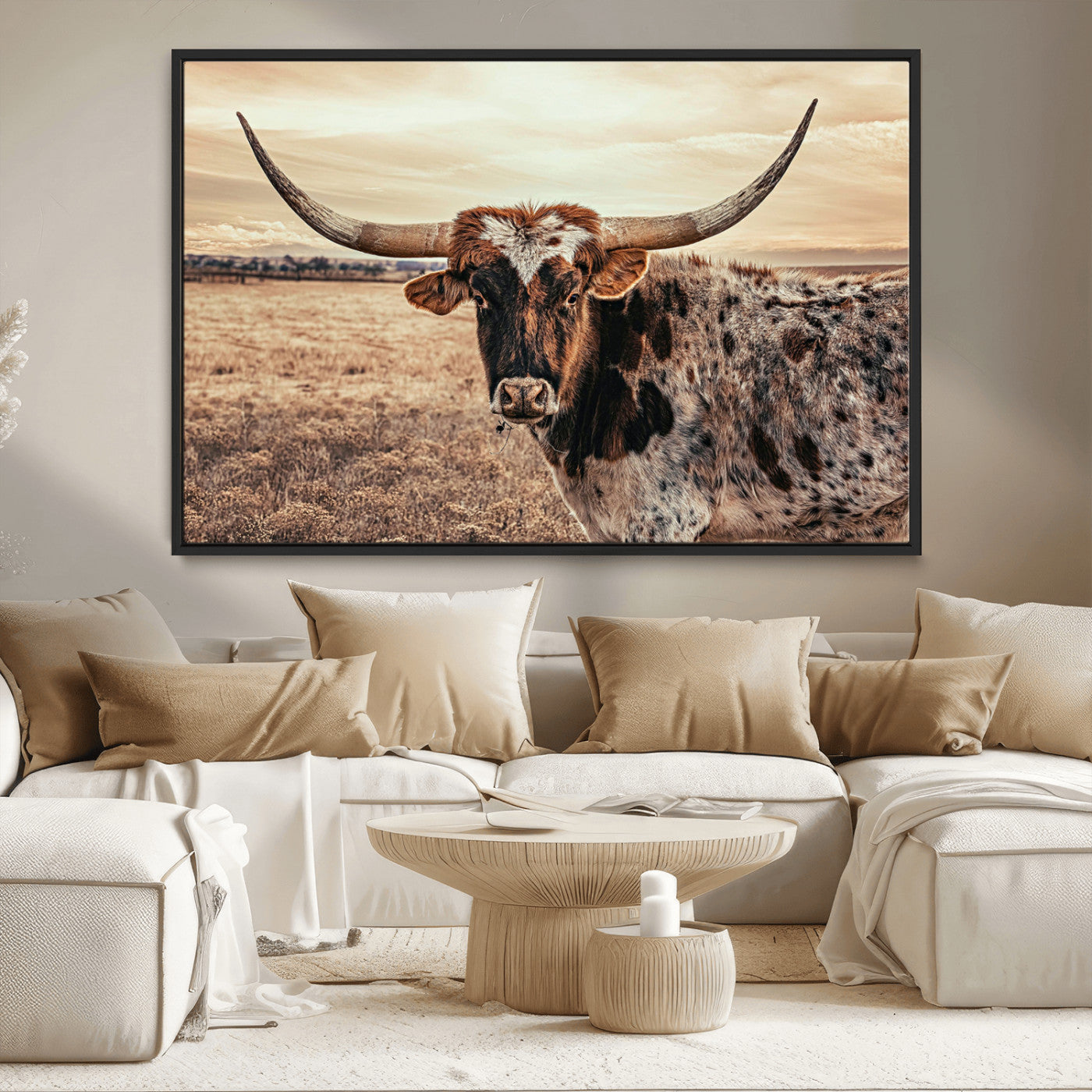 95745718-MGV-CV-36X24-Texas Longhorn Wall Art – Western Cattle Photography Canvas Print, Rustic Ranch Animal Artwork Country Farmhouse Decor for Living