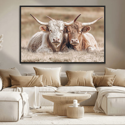 38651722-MGV-CV-36X24-Cow Wall Art – Rustic Longhorn Pair Canvas Print, Western Farmhouse Animal Painting, Country Ranch Decor for Living Room, Bedroom,