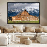 15173627-MGV-CV-36X24-Barn Wall Art – Rustic Wooden Cabin Canvas Print with Snowy Mountain Landscape, Western Farmhouse Country Decor for Living Room,