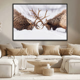 99240306-MGV-CV-36X24-Elk Wall Art – Two Bull Elk Fighting in Snow Canvas Print, Rustic Wildlife Artwork for Cabin, Lodge, Western Farmhouse, Nature &