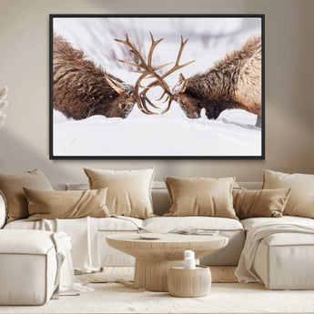 99240306-MGV-CV-36X24-Elk Wall Art – Two Bull Elk Fighting in Snow Canvas Print, Rustic Wildlife Artwork for Cabin, Lodge, Western Farmhouse, Nature &