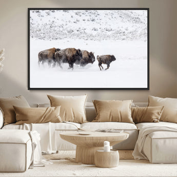 61161423-MGV-CV-36X24-Running Bison Herd Wall Art – Winter Buffalo Canvas Print, Wildlife Photography Decor for Rustic Living Room, Farmhouse, Lodge,
