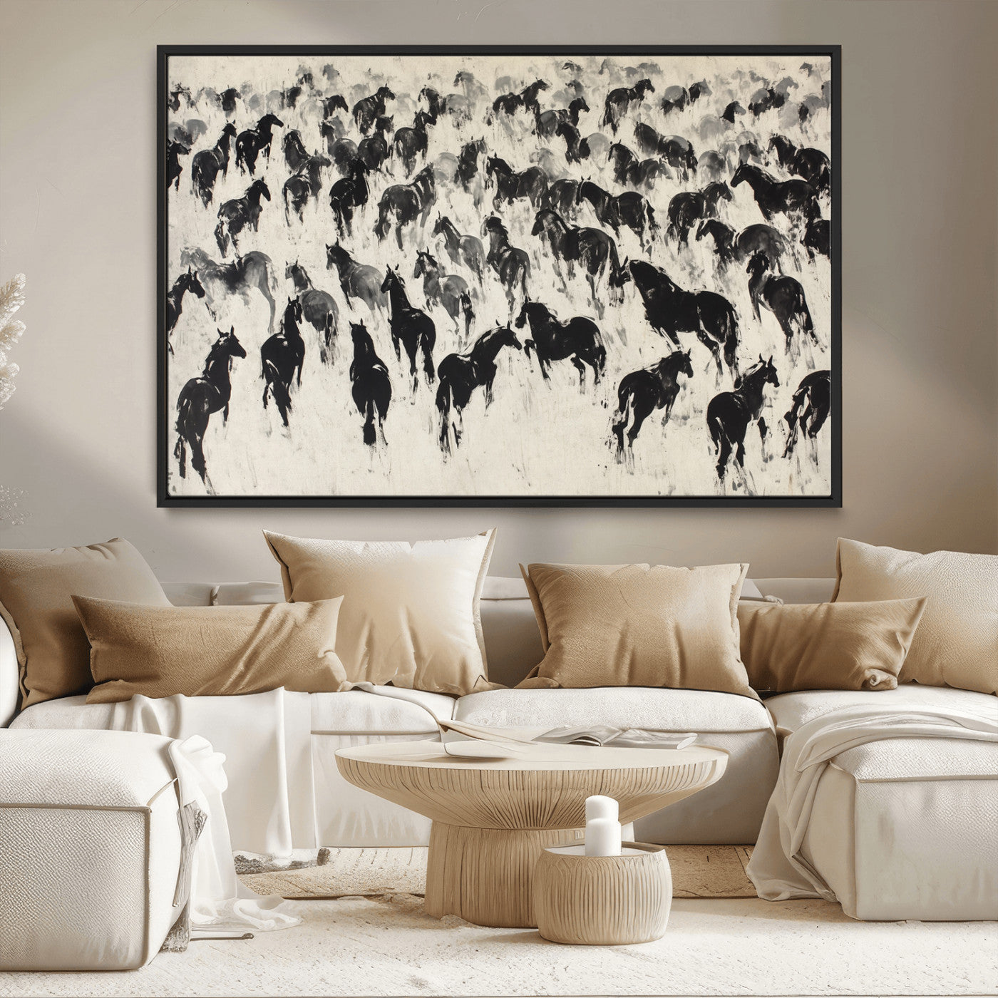 29265745-MGV-CV-36X24-Wild Horse Herd Wall Art – Black and White Galloping Horses Canvas Print, Rustic Western Farmhouse Décor for Living Room, Bedroom,