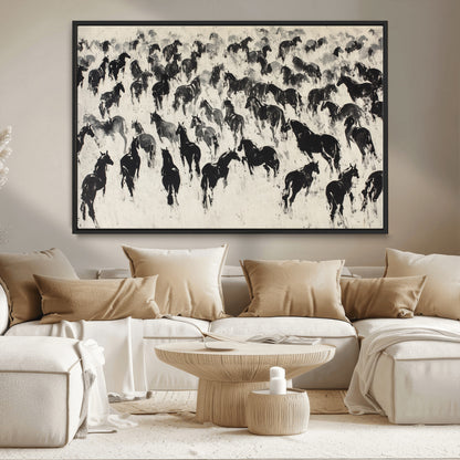 29265745-MGV-CV-36X24-Wild Horse Herd Wall Art – Black and White Galloping Horses Canvas Print, Rustic Western Farmhouse Décor for Living Room, Bedroom,