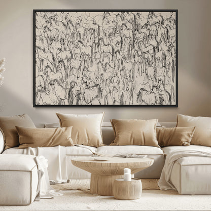 12358908-MGV-CV-36X24-Horse Herd Sketch Wall Art – Abstract Wild Horses Line Drawing Canvas Print, Rustic Western Style Equestrian Decor for Living