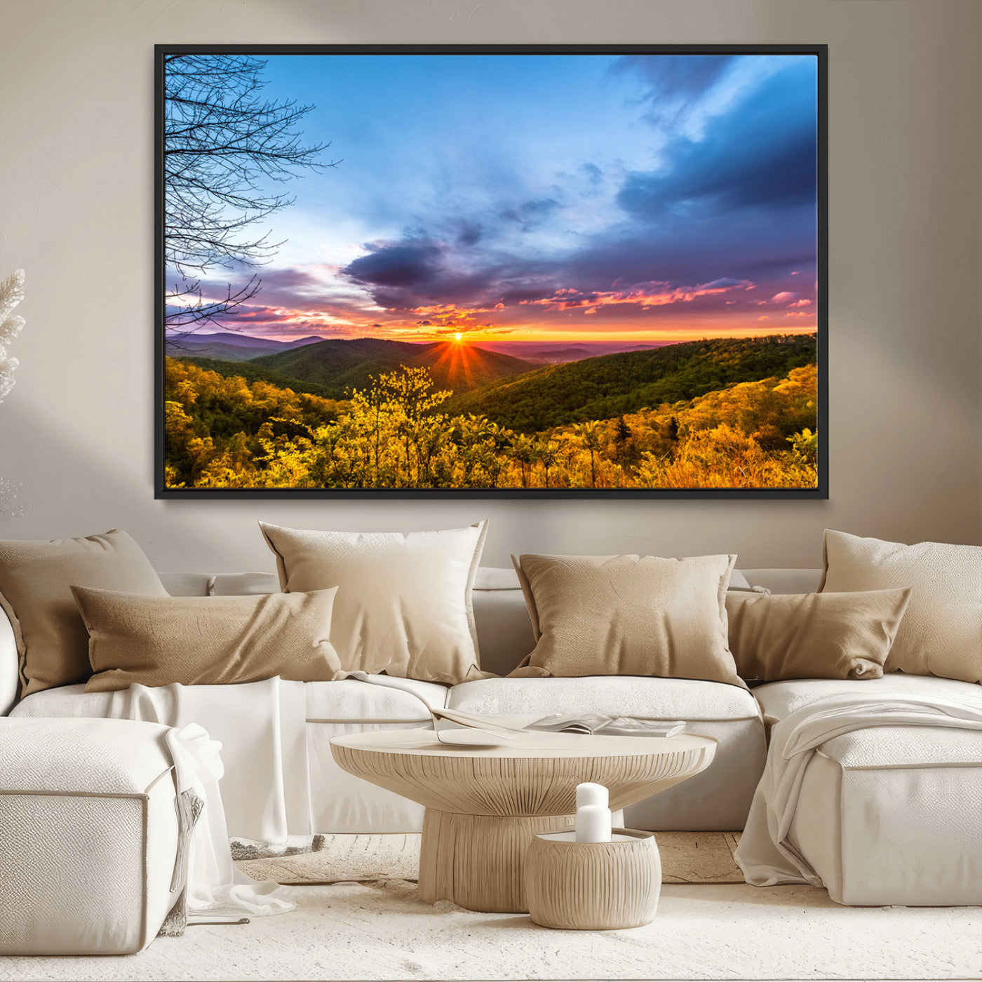 25786346-MGV-CV-36X24-Sunset Over Mountains Wall Art – Nature Landscape Canvas Print, Golden Hour Forest Photography, Scenic Sunrise Artwork for Living