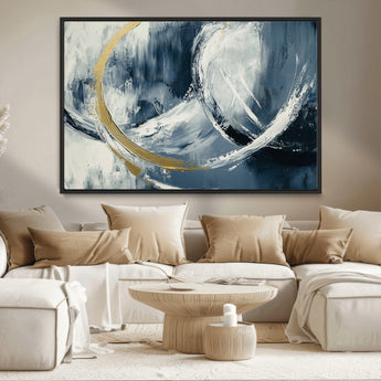 97295757-MGV-CV-36X24-Abstract Blue and Gold Wall Art – Modern Luxury Canvas Print, Navy White Brushstroke Painting, Contemporary Living Room Office