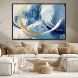 42475677-MGV-CV-36X24-Blue and Gold Abstract Wall Art – Modern Luxury Canvas Print, Navy White Brushstroke Painting, Contemporary Home Office Living