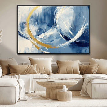 42475677-MGV-CV-36X24-Blue and Gold Abstract Wall Art – Modern Luxury Canvas Print, Navy White Brushstroke Painting, Contemporary Home Office Living