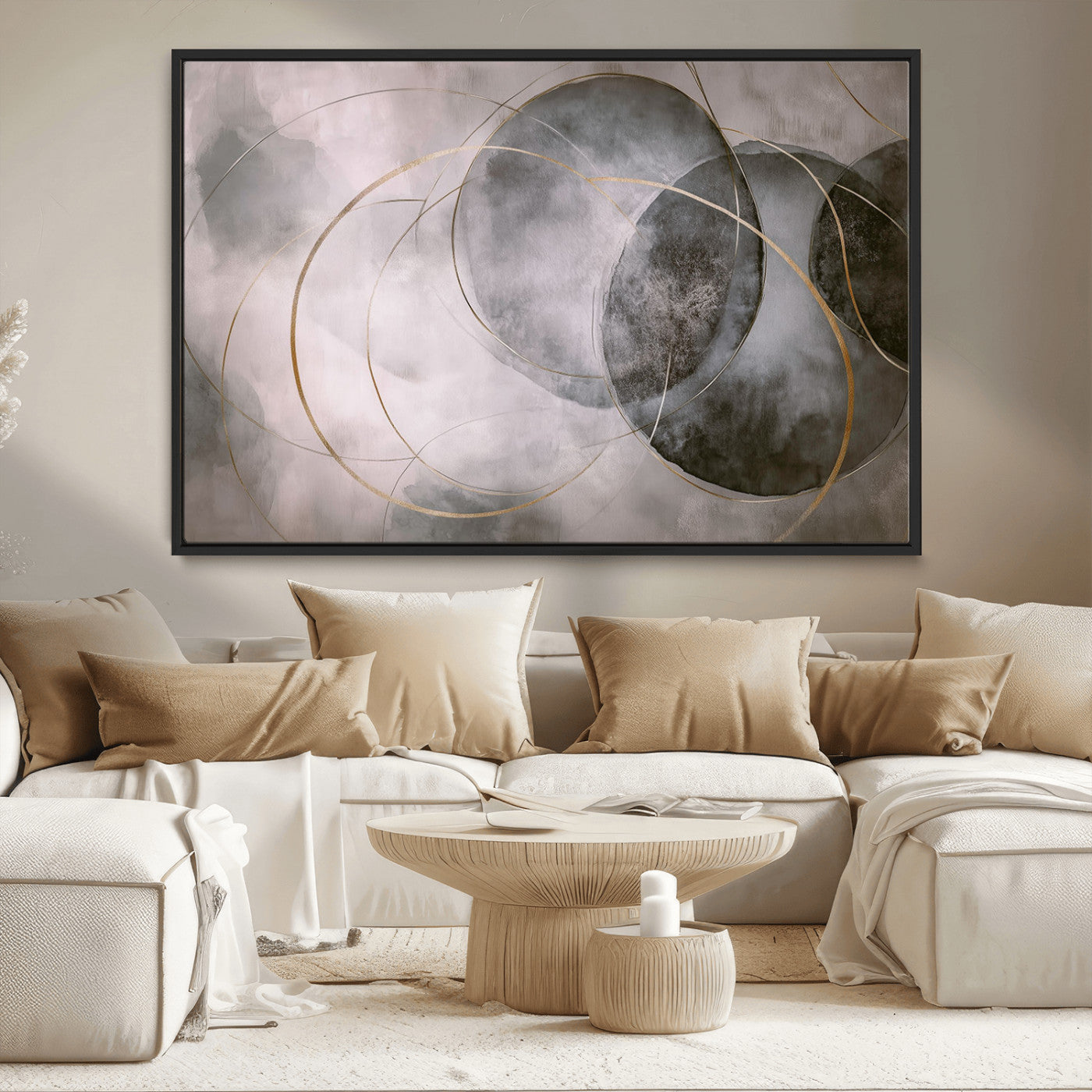 20066876-MGV-CV-36X24-Neutral Abstract Circle Wall Art – Modern Gray Beige Gold Canvas Print, Minimalist Geometric Painting for Bedroom, Living Room,