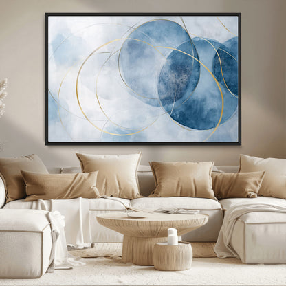 47060443-MGV-CV-36X24-Blue Abstract Circle Wall Art – Modern Gold and Navy Canvas Print, Minimalist Geometric Painting for Living Room, Bedroom, Office