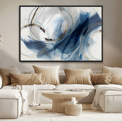 49589477-MGV-CV-36X24-Blue Abstract Wall Art – Modern Circle Canvas Print with Gold and Black Accents, Contemporary Fluid Brushstroke Painting for
