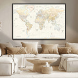 40660043-MGV-CV-36X24-World Map Wall Art – Large Detailed Atlas Style Map Print with Countries, Cities, and Oceans, Neutral Beige and Tan Educational