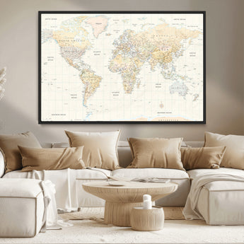 40660043-MGV-CV-36X24-World Map Wall Art – Large Detailed Atlas Style Map Print with Countries, Cities, and Oceans, Neutral Beige and Tan Educational