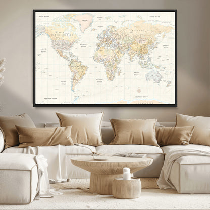 40660043-MGV-CV-36X24-World Map Wall Art – Large Detailed Atlas Style Map Print with Countries, Cities, and Oceans, Neutral Beige and Tan Educational