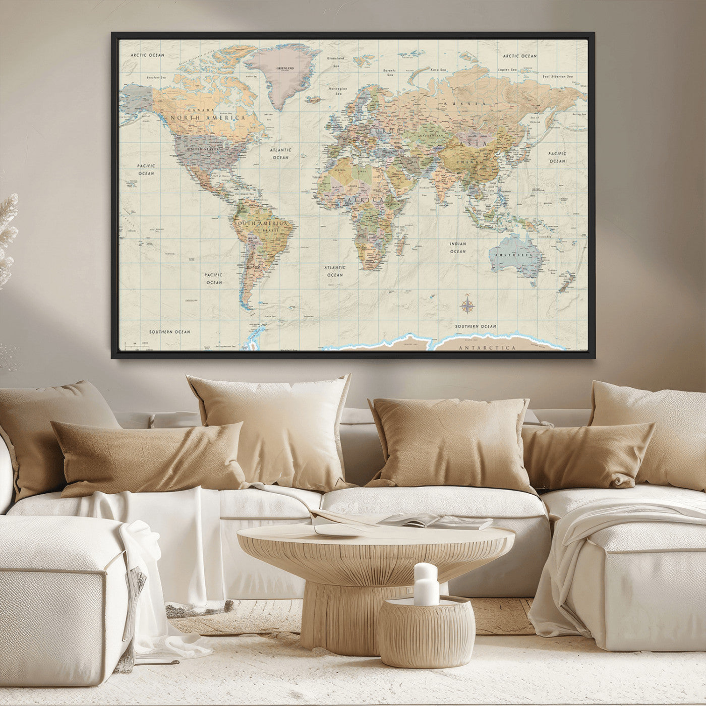 41929777-MGV-CV-36X24-World Map Wall Art – Large Detailed Political Atlas Style Map Print with Countries, Cities, and Oceans, Warm Earth Tone