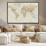 41929777-MGV-CV-36X24-World Map Wall Art – Large Detailed Political Atlas Style Map Print with Countries, Cities, and Oceans, Warm Earth Tone