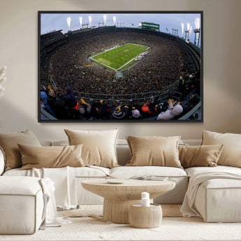 14387817-MGV-CV-36X24-Lambeau Field Stadium Wall Art – Green Bay Packers Game Day Canvas Print with Fireworks and Crowd – NFL Football Fan Man Cave