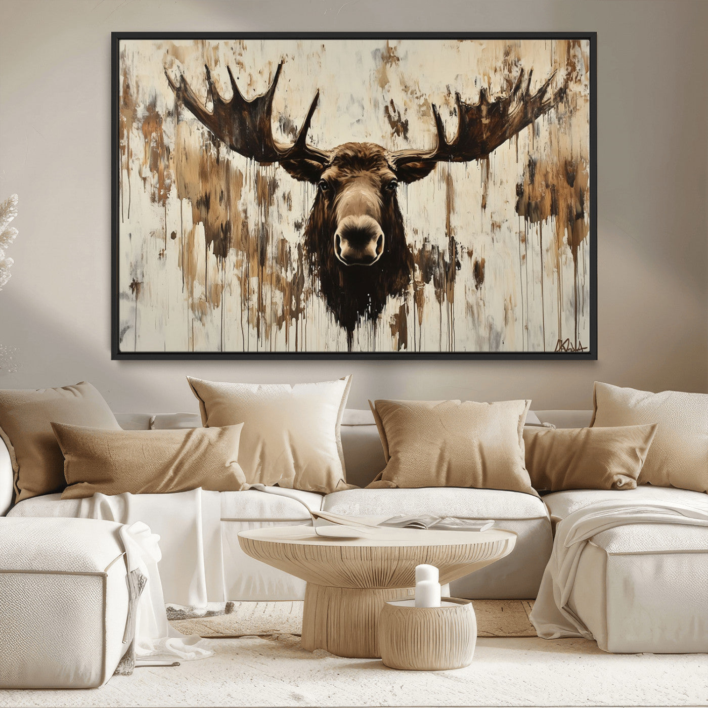 34496536-MGV-CV-36X24-Rustic Moose Wall Art – Modern Abstract Animal Canvas Print – Majestic Moose Head Painting with Neutral Earth Tones for Cabin,