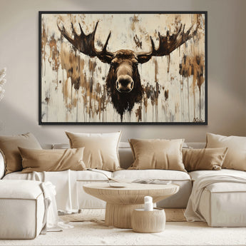 34496536-MGV-CV-36X24-Rustic Moose Wall Art – Modern Abstract Animal Canvas Print – Majestic Moose Head Painting with Neutral Earth Tones for Cabin,