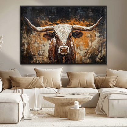 25265572-MGV-CV-36X24-Longhorn Bull Wall Art – Rustic Western Texas Steer Canvas Print, Textured Animal Painting for Home, Office, Man Cave or Farmhouse