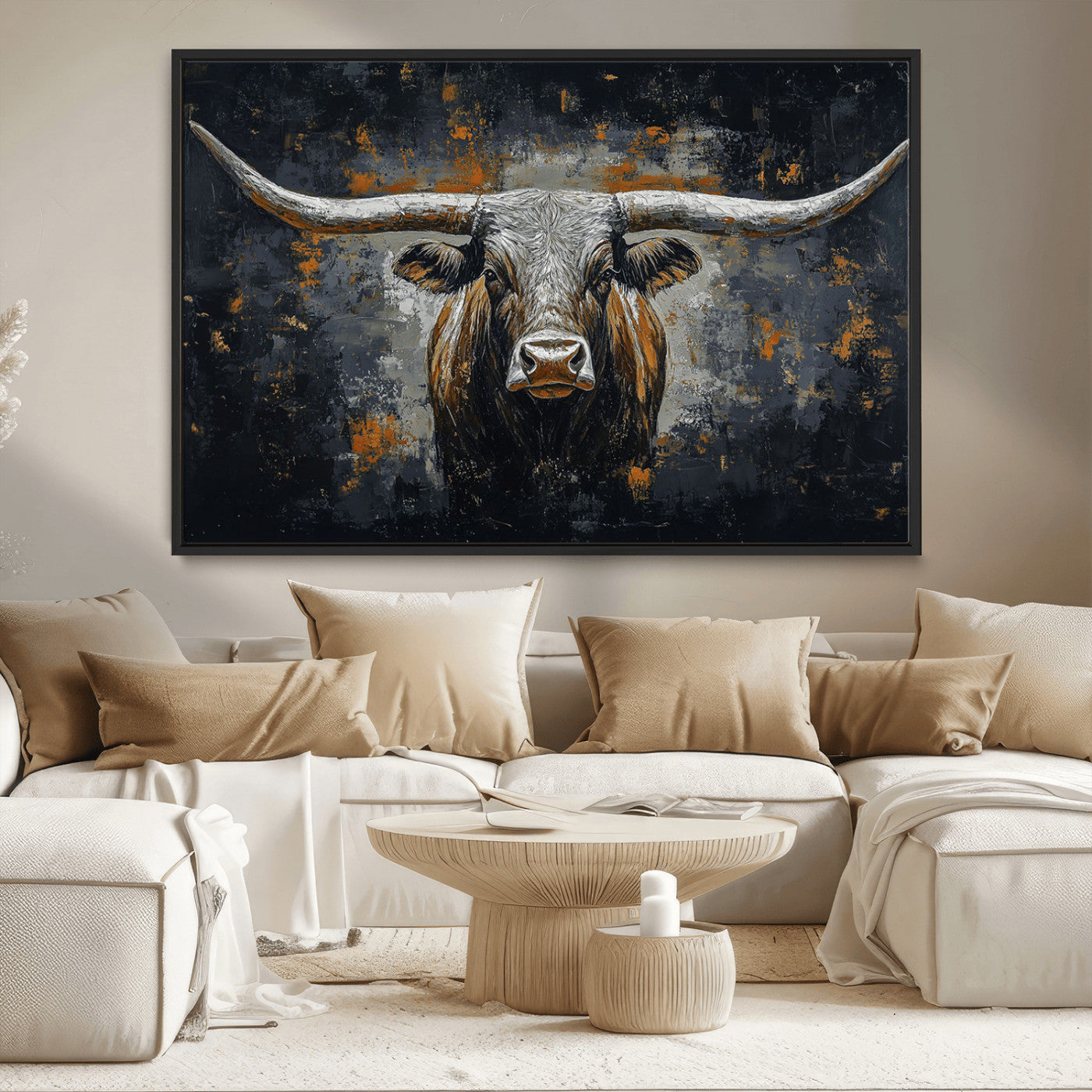 93195031-MGV-CV-36X24-Dark Longhorn Bull Wall Art – Western Steer Canvas Print, Moody Rustic Animal Painting for Man Cave, Ranch House, Office or Modern