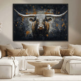 93195031-MGV-CV-36X24-Dark Longhorn Bull Wall Art – Western Steer Canvas Print, Moody Rustic Animal Painting for Man Cave, Ranch House, Office or Modern