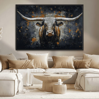 93195031-MGV-CV-36X24-Dark Longhorn Bull Wall Art – Western Steer Canvas Print, Moody Rustic Animal Painting for Man Cave, Ranch House, Office or Modern