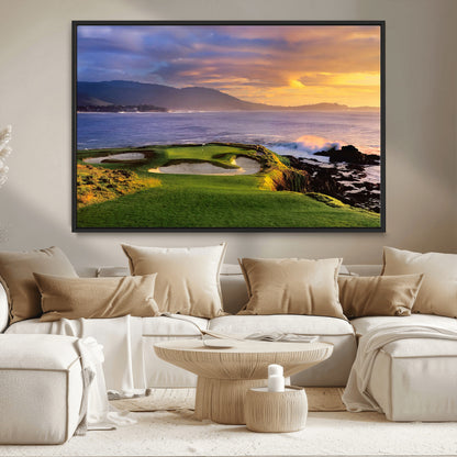 39644075-MGV-CV-36X24-Golf Course Wall Art – Coastal Sunset Canvas Print, Scenic Oceanfront Fairway Landscape Decor for Office, Man Cave, or Living Room