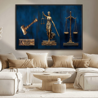 91629053-MGV-CV-36X24-Lady Justice Wall Art – Golden Gavel and Scales Canvas Print, Elegant Legal Office Decor for Lawyers, Judges, Courtroom or Study