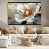 39604126-MGV-CV-36X24-Abstract Flower Wall Art – Elegant White and Gold Bloom Canvas Print, Modern Floral Artwork for Bedroom, Living Room, or Office