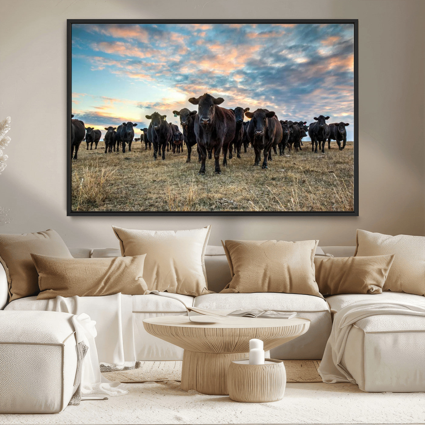 13867292-MGV-CV-36X24-Black Cattle Wall Art – Rustic Ranch Herd Canvas Print, Western Farmhouse Country Landscape Decor for Living Room, Office, or