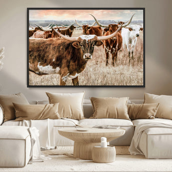 47758300-MGV-CV-36X24-Texas Longhorn Cattle Wall Art – Rustic Western Herd Canvas Print, Cowboy Ranch Farmhouse Decor for Living Room, Office, or