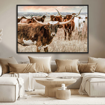 47758300-MGV-CV-36X24-Texas Longhorn Cattle Wall Art – Rustic Western Herd Canvas Print, Cowboy Ranch Farmhouse Decor for Living Room, Office, or