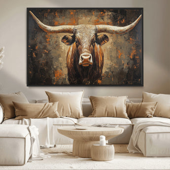 19204445-MGV-CV-36X24-Texas Longhorn Bull Wall Art – Rustic Western Canvas Print, Bold Cowboy Cattle Painting for Ranch House, Farmhouse, Office, or