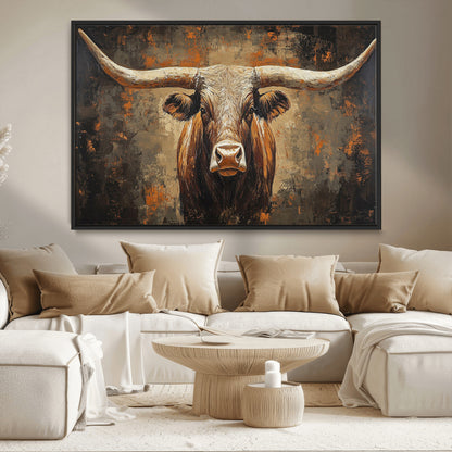 19204445-MGV-CV-36X24-Texas Longhorn Bull Wall Art – Rustic Western Canvas Print, Bold Cowboy Cattle Painting for Ranch House, Farmhouse, Office, or