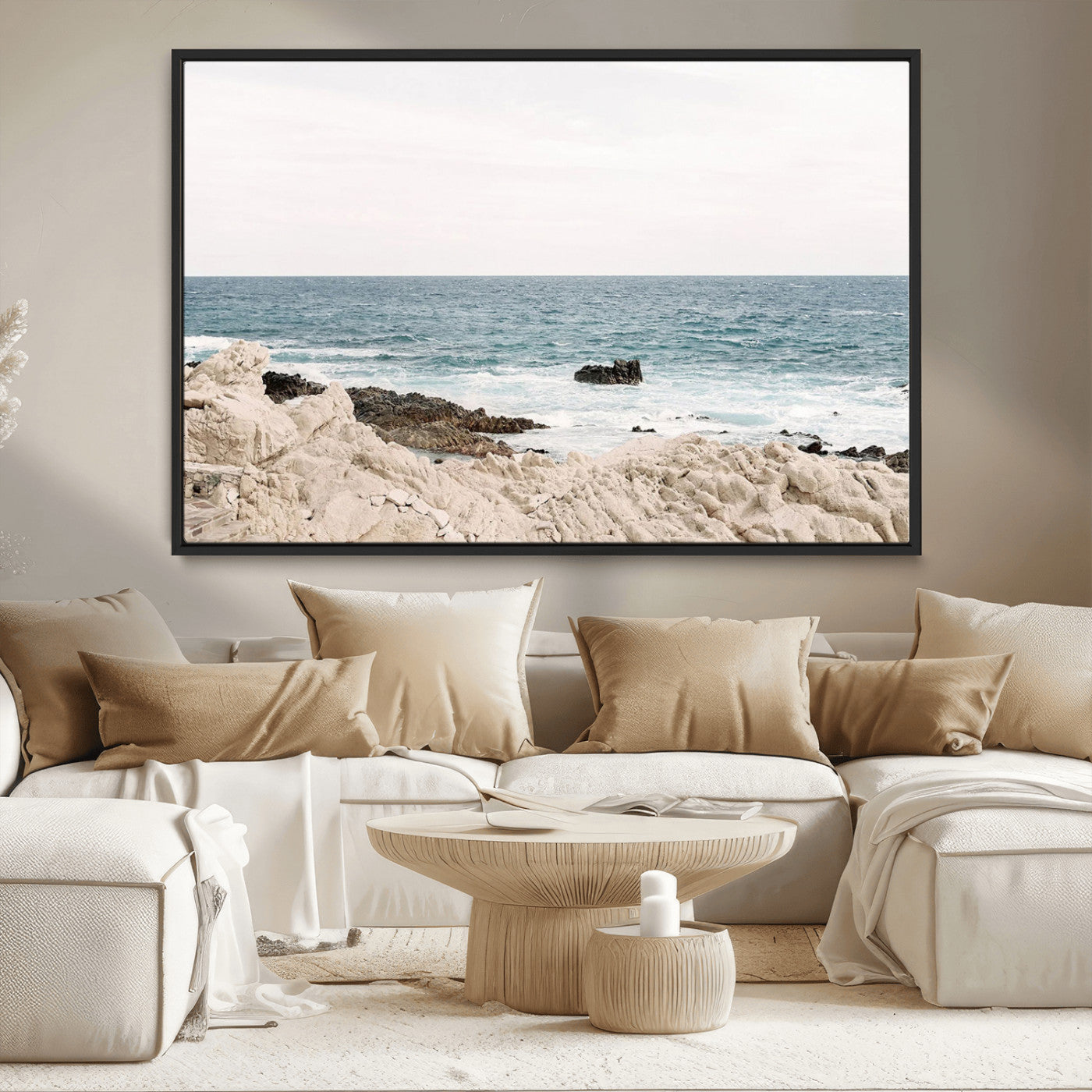 25481980-MGV-CV-36X24-Ocean Coastal Wall Art – Rocky Shoreline and Waves Canvas Print, Serene Beach Landscape Decor for Living Room, Bedroom, or Office