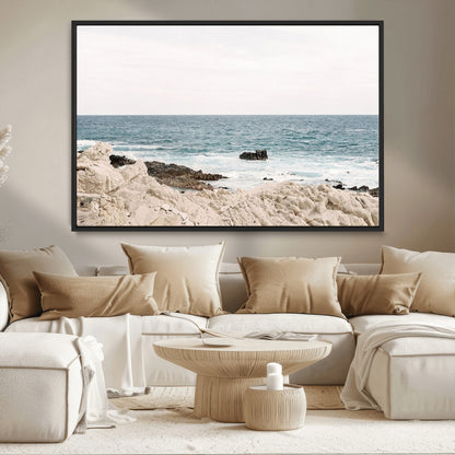 25481980-MGV-CV-36X24-Ocean Coastal Wall Art – Rocky Shoreline and Waves Canvas Print, Serene Beach Landscape Decor for Living Room, Bedroom, or Office